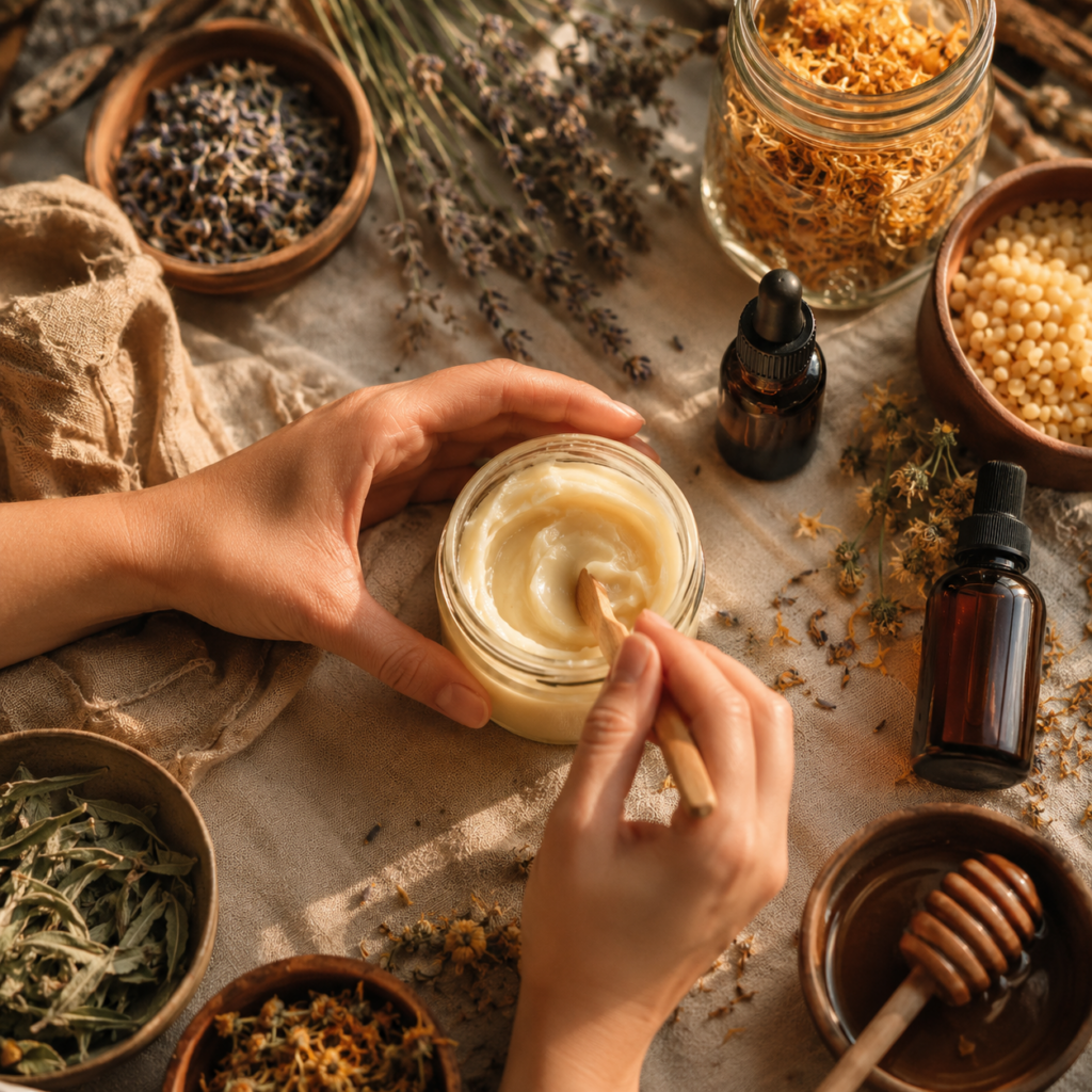 Hände rühren selbstgemachte Naturkosmetik in ein Glas, daneben getrocknete Kräuter und ätherische Öle – DIY-Workshop in Lindau am Bodensee