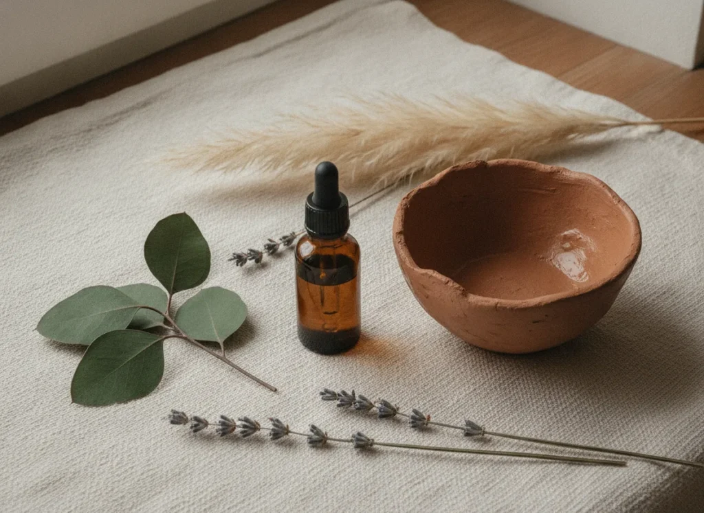 Ätherisches Öl neben einer Tonschale als Duftanker in der Kunsttherapie