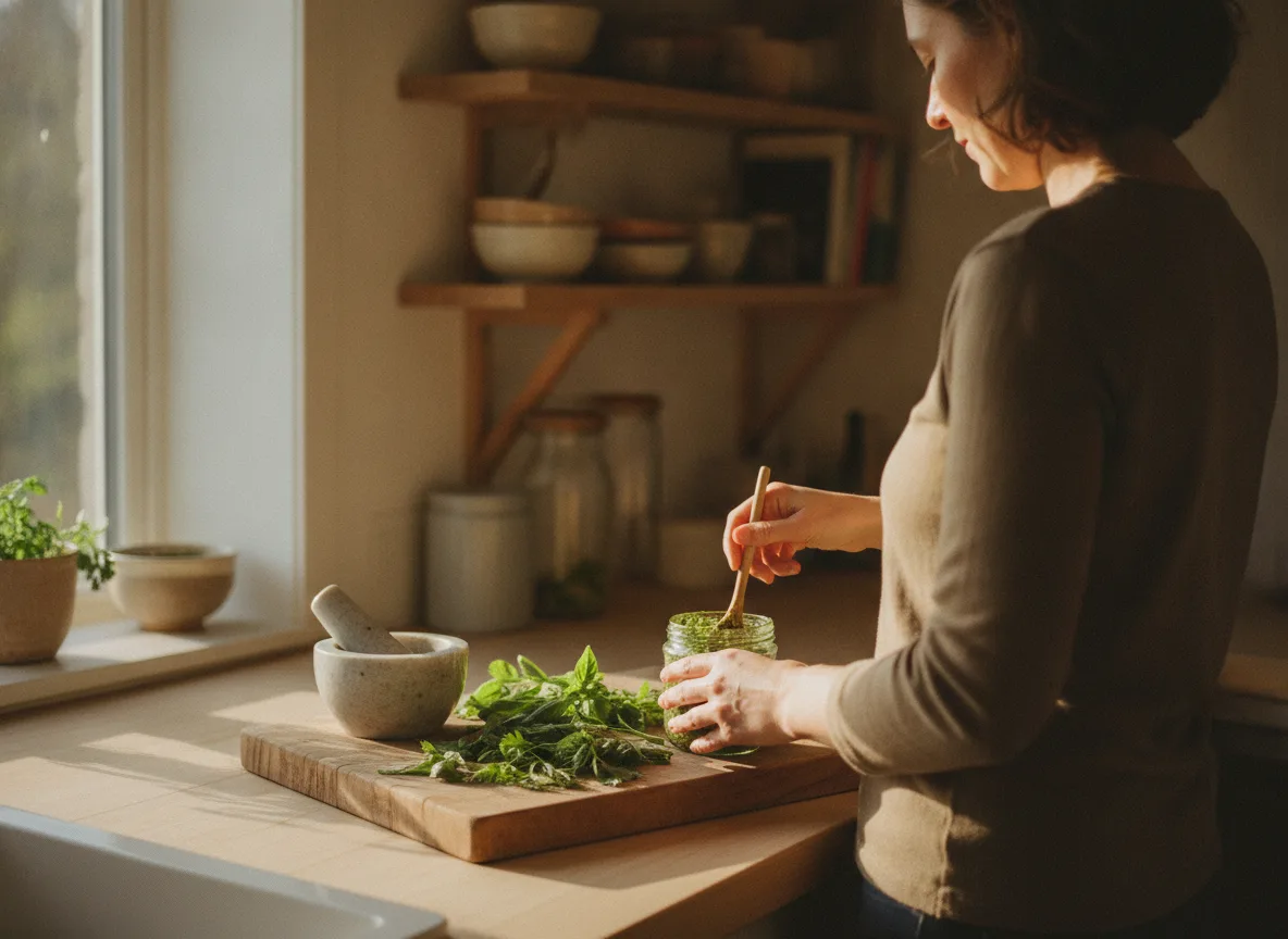 Hände bereiten ein grünes Wildkräuter-Pesto in der Alltagsküche zu