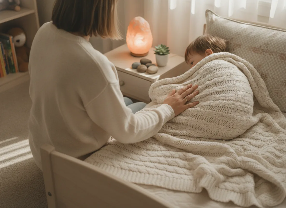 Elternteil begleitet Kind beim Einschlafen mit einem kurzen Abendritual