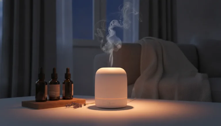 Ätherische Öle zur Entspannung am Abend mit Diffuser und Lavendel auf einem Holztablett