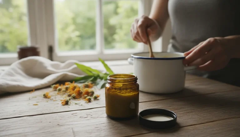 Naturkosmetik selber machen: Kräutersalbe in einem Glas auf Holztisch